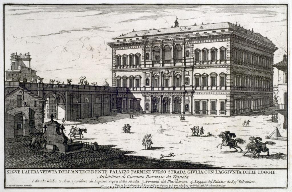 Veduta di Palazzo Farnese verso via Giulia e fontana del Mascherone; XVII sec., Palazzo Braschi